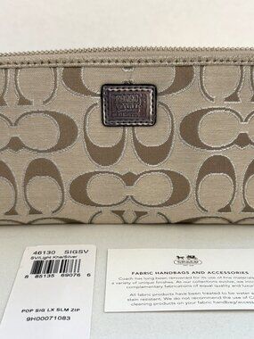 Coach Poppy Signature Lurex Slim Zip Wallet Khaki Silver Metallic 46130 NEW